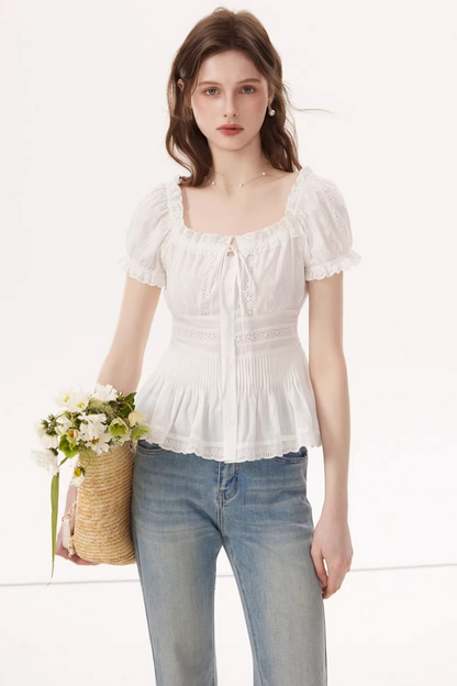 White Ruched Square-Neck Blouse