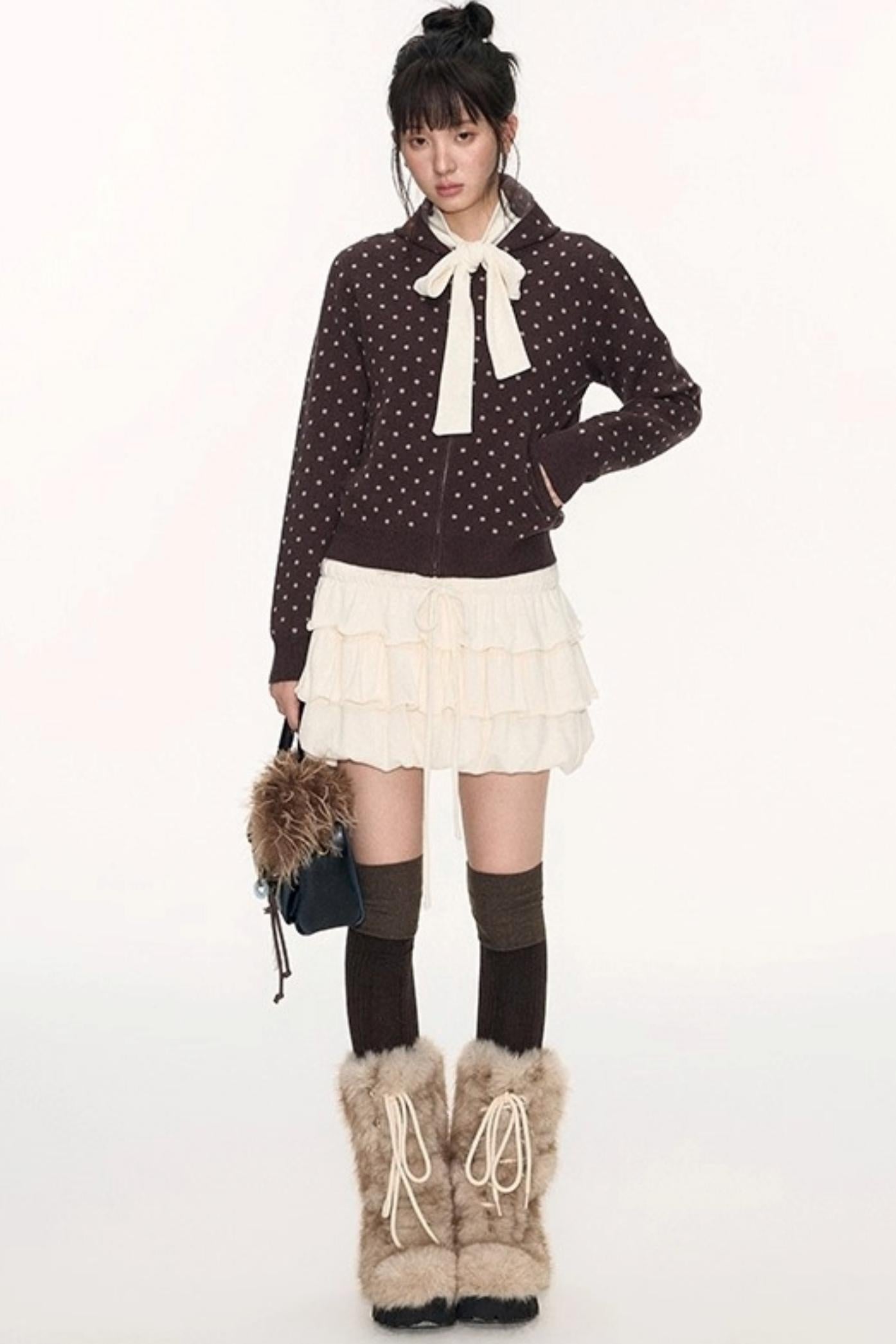 Polka Dot Hooded Knit Sweater Skirt Set-Up