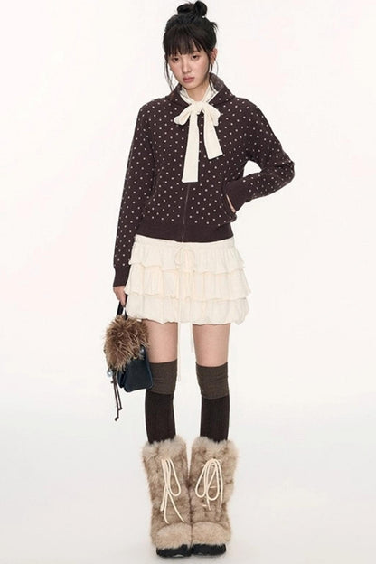 Polka Dot Hooded Knit Sweater Skirt Set-Up