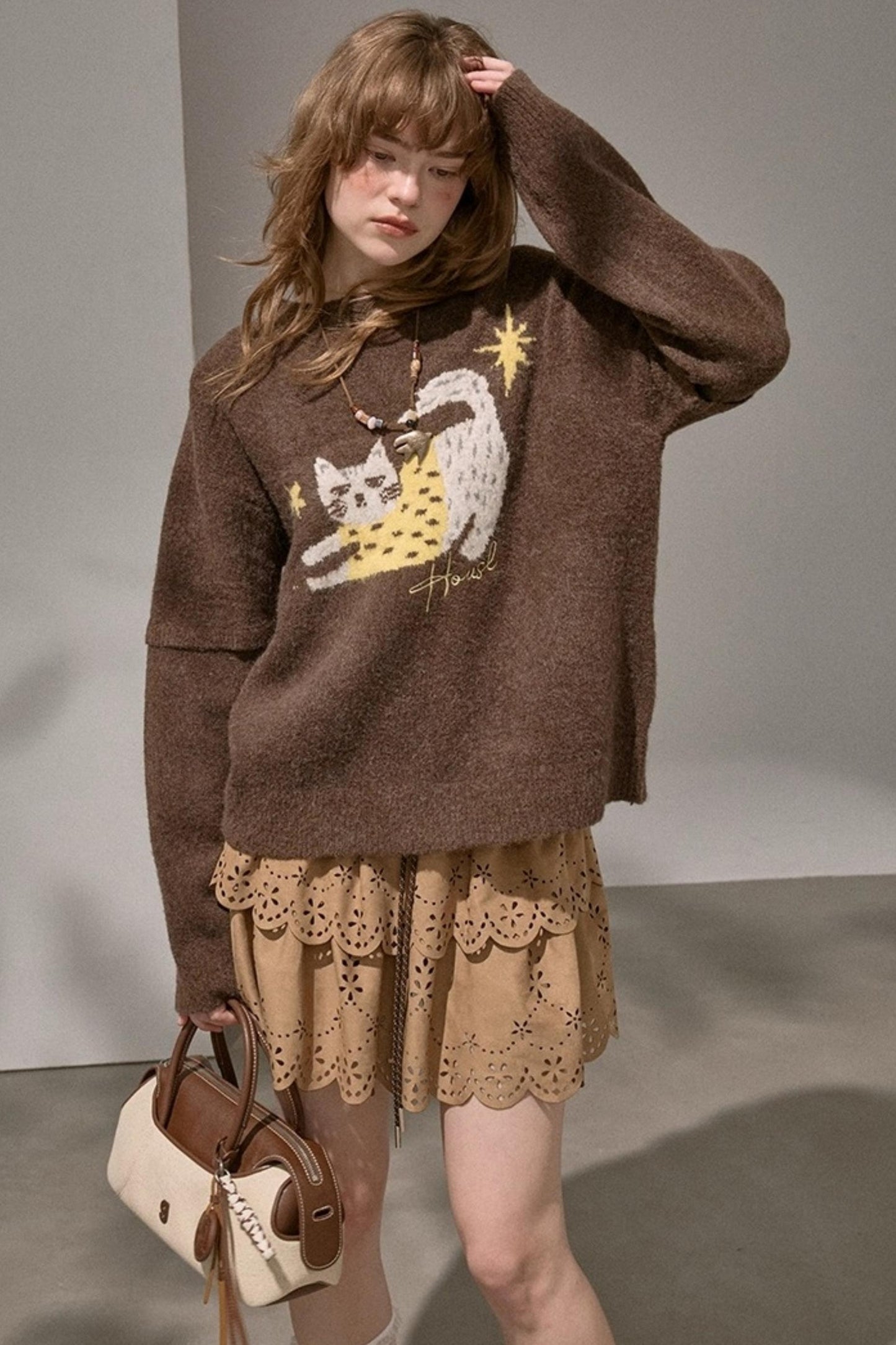 Cute Kitten Crew Neck Knit Sweater
