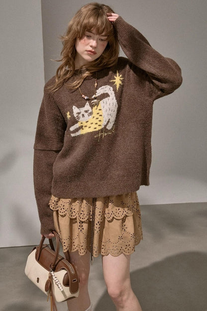 Cute Kitten Crew Neck Knit Sweater