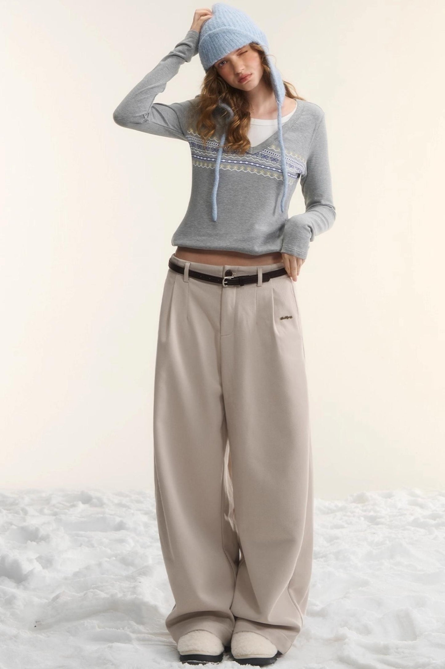 Plaid Fleece-Lined Wide-Leg Pants