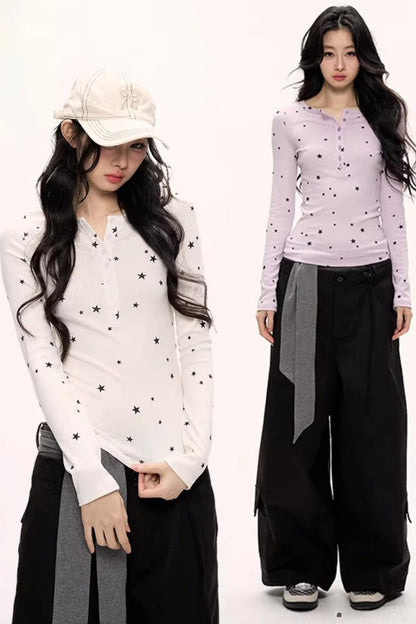 Star Print Knitted Henley Top