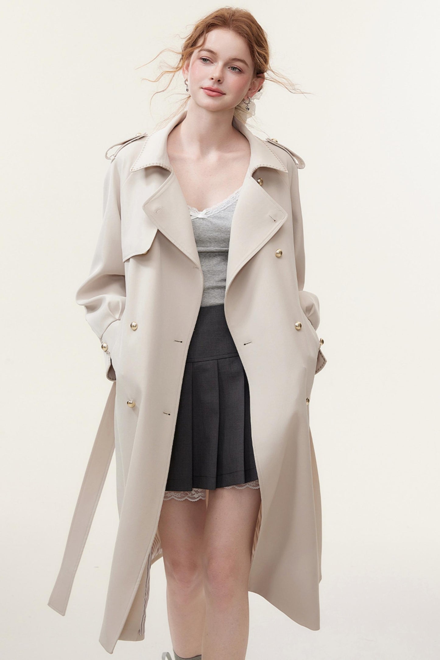 Oatmeal Chic Double-Breasted Trench Coat