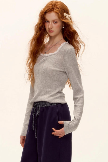 Lace-Trimmed Bow Hollow Knit Top