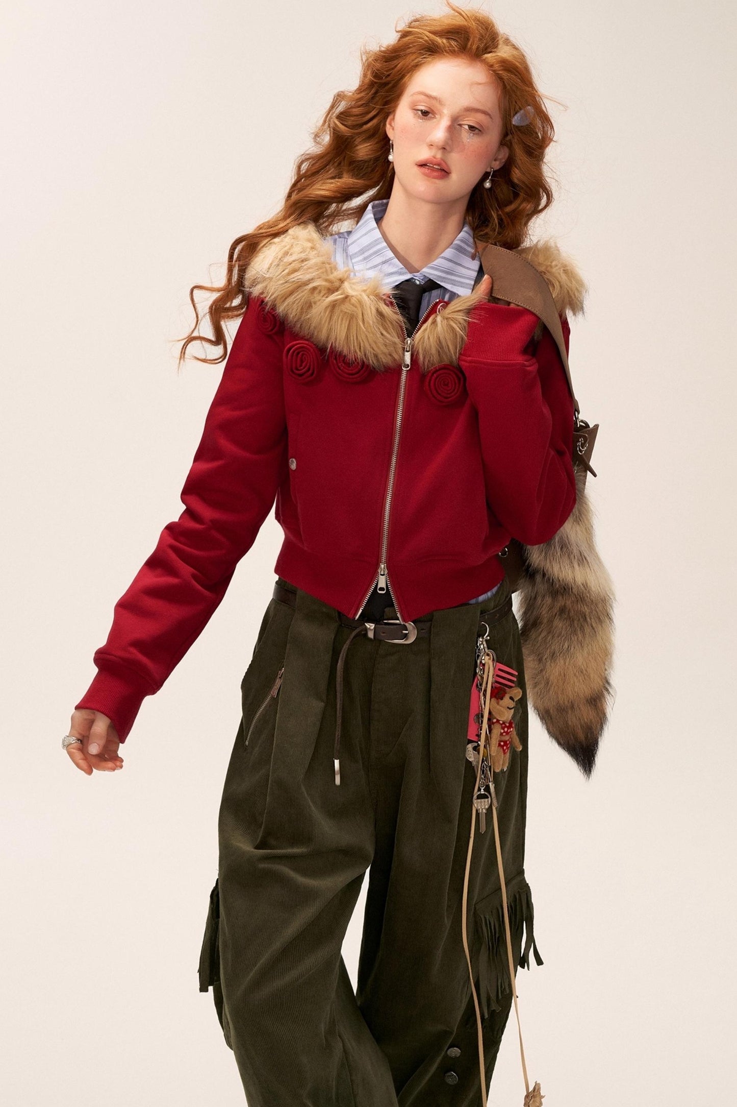 Detachable Fur Collar Double Zipper Jacket