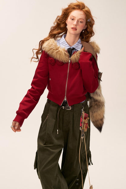 Detachable Fur Collar Double Zipper Jacket