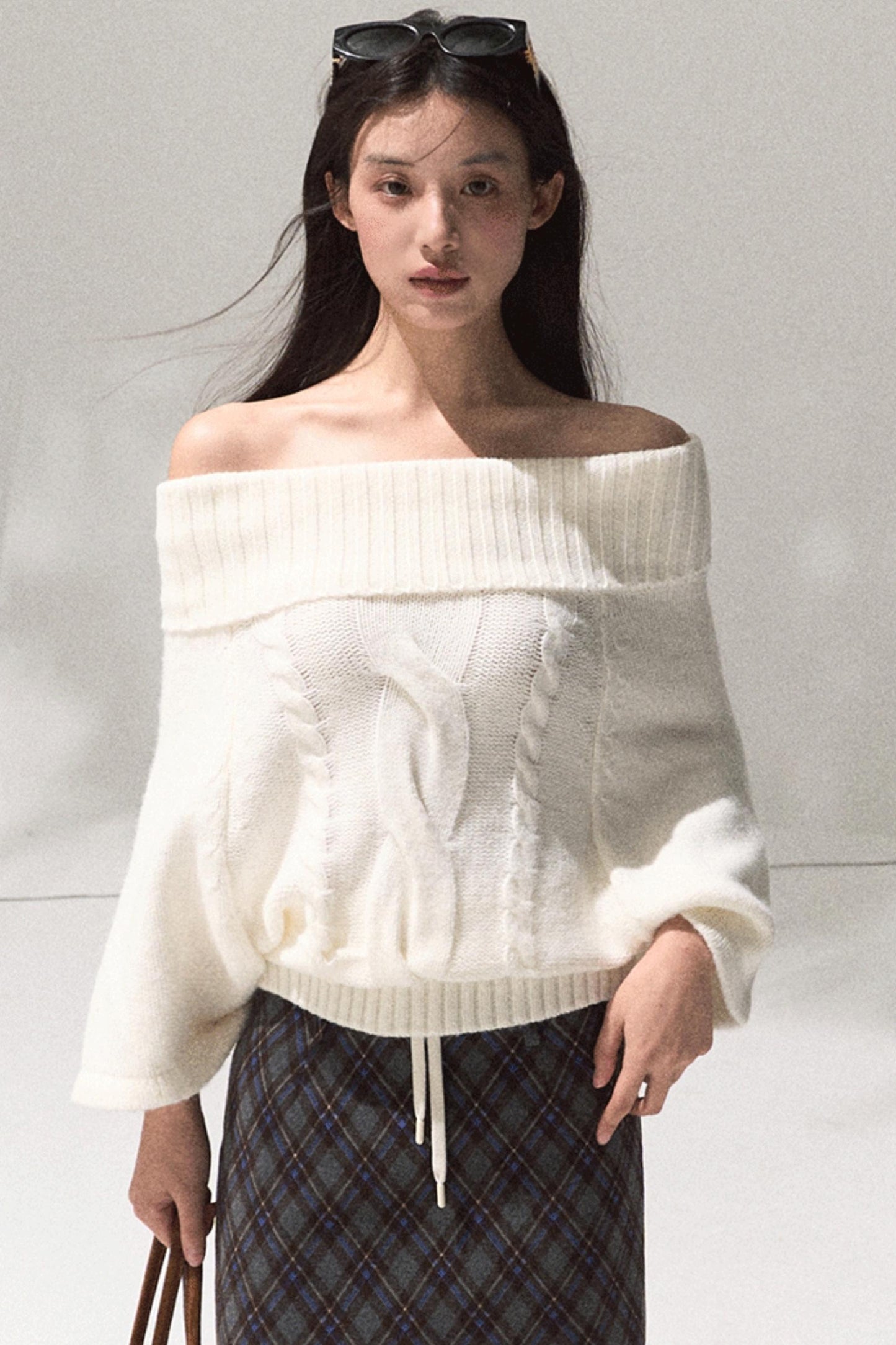 Wool Twist Knit Cape Sweater Top Skirt Set-Up