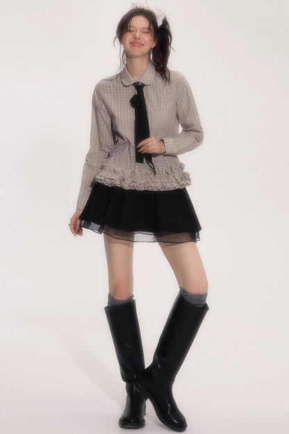 Flower Hem Shirt With Tie Set-Up