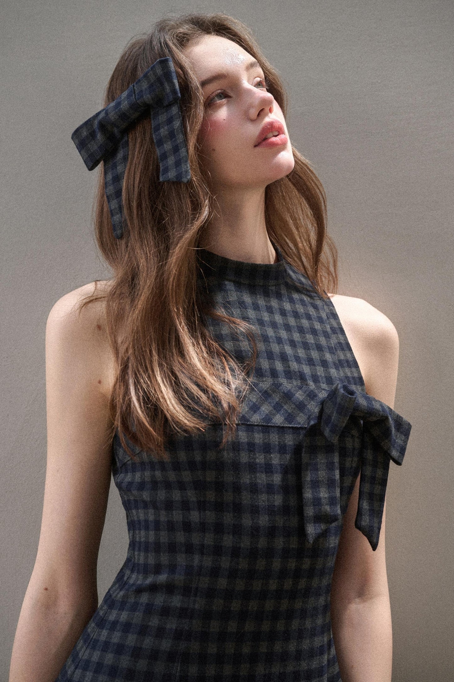 Elegant Bow Halterneck Check Pleated Dress