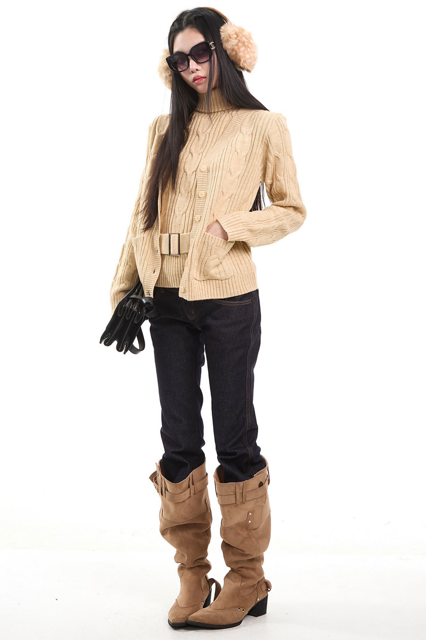 Retro Khaki Cable Knit Cardigan Set