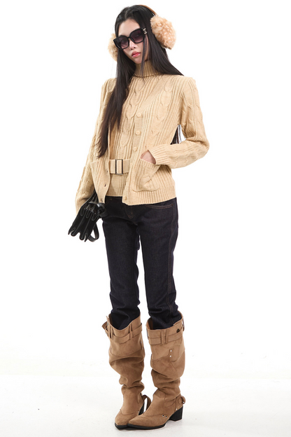 Retro Khaki Cable Knit Cardigan Set