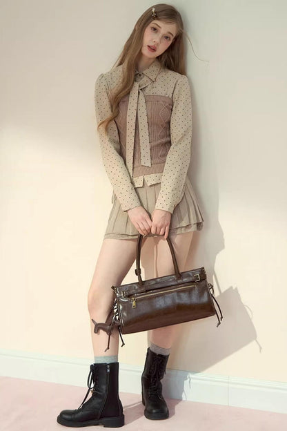 Polka Dot Patchwork Shirt And Skirt Set-Up