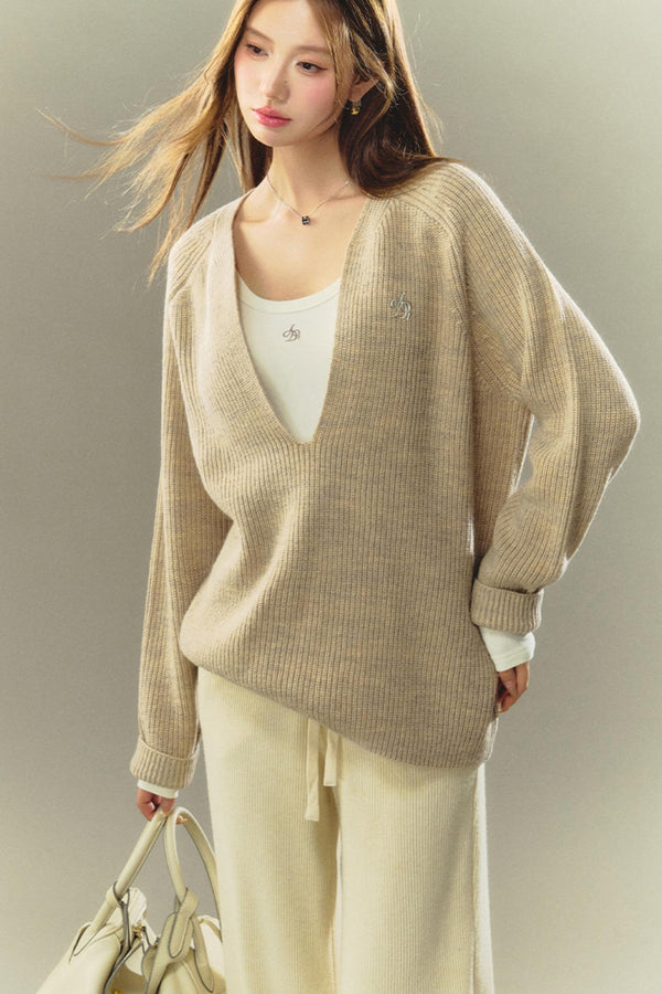 게으른 패션 V넥 니트 탑 