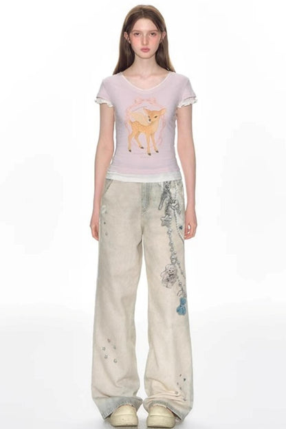 Hand-Painted 3D Printed Womens Wide-Leg Pants