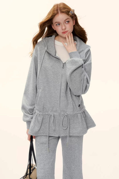Hooded Drawstring Fleece Jacket Set-Up
