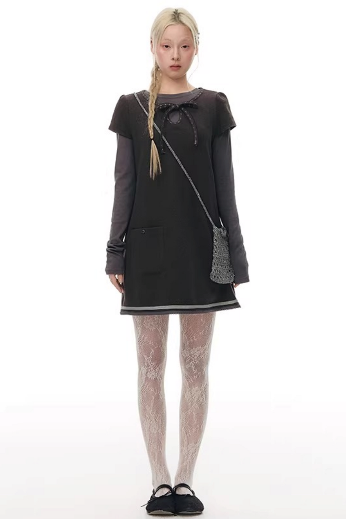 Embroidered Tie Neck Dress