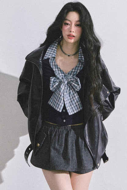 American Long-Sleeved Bow Plaid T-Shirt