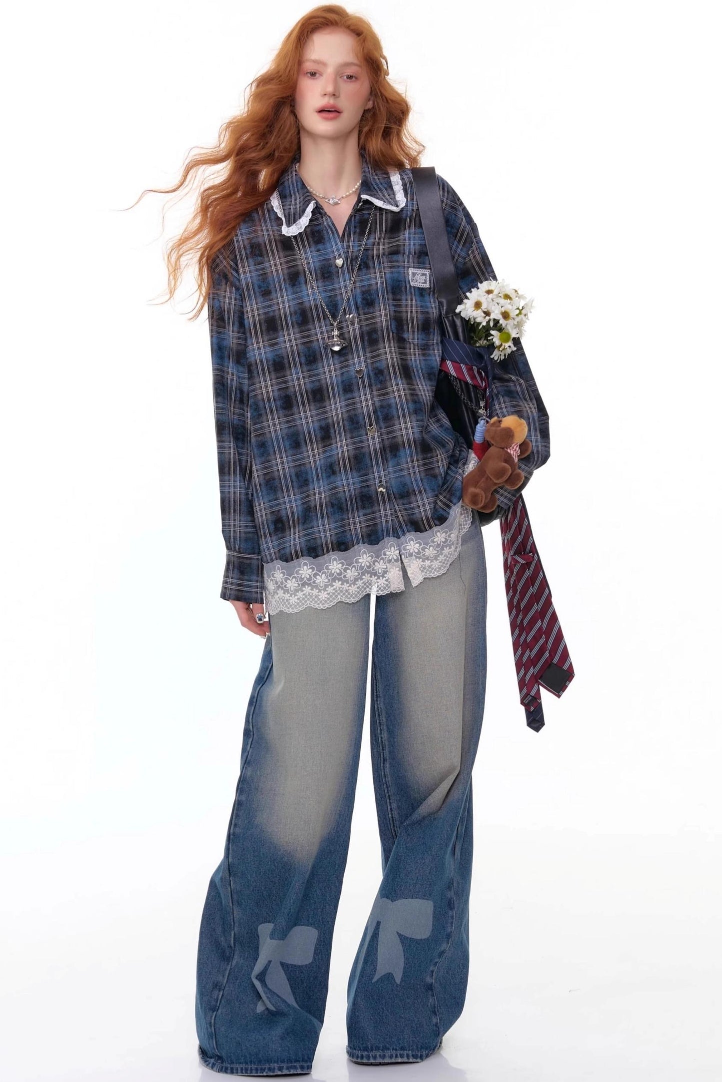 Retro Bow Design High-Waisted Denim Pants