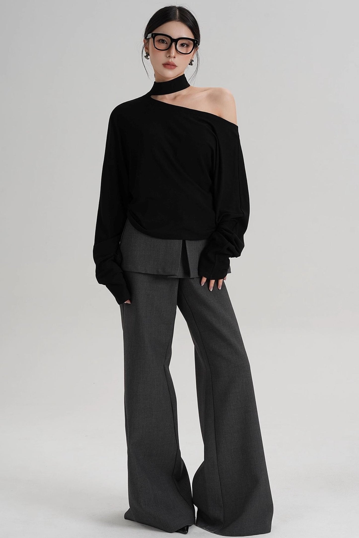 Halterneck Slanted Shoulder Long Sleeve Top