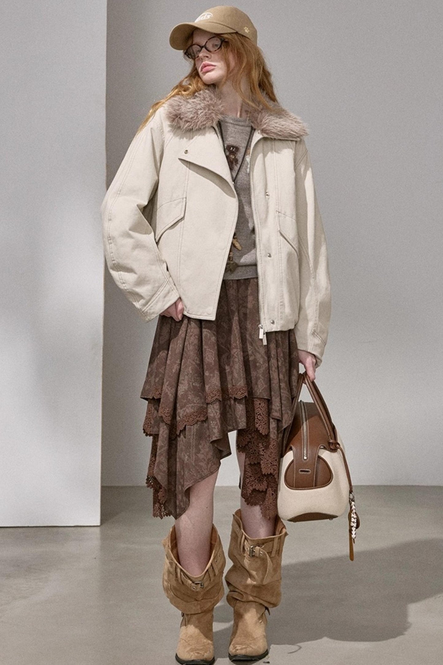 Curved Sleeve Fur Collar Jacket