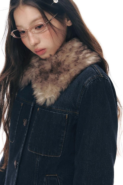 Detachable Fur Collar Denim Jacket Set-Up