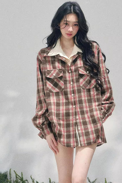 British Cafe Plaid Shirt and Short Skirt Set-Up