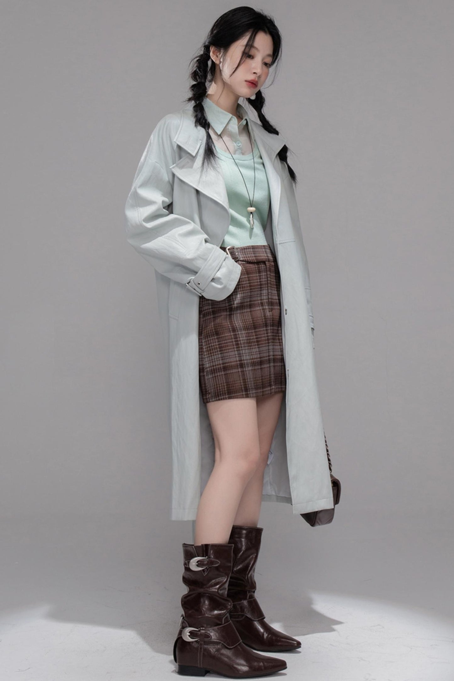 Brushed Plaid Brown Skirt