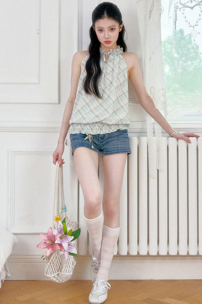 Mint Sheer Plaid Halter Top Set-Up