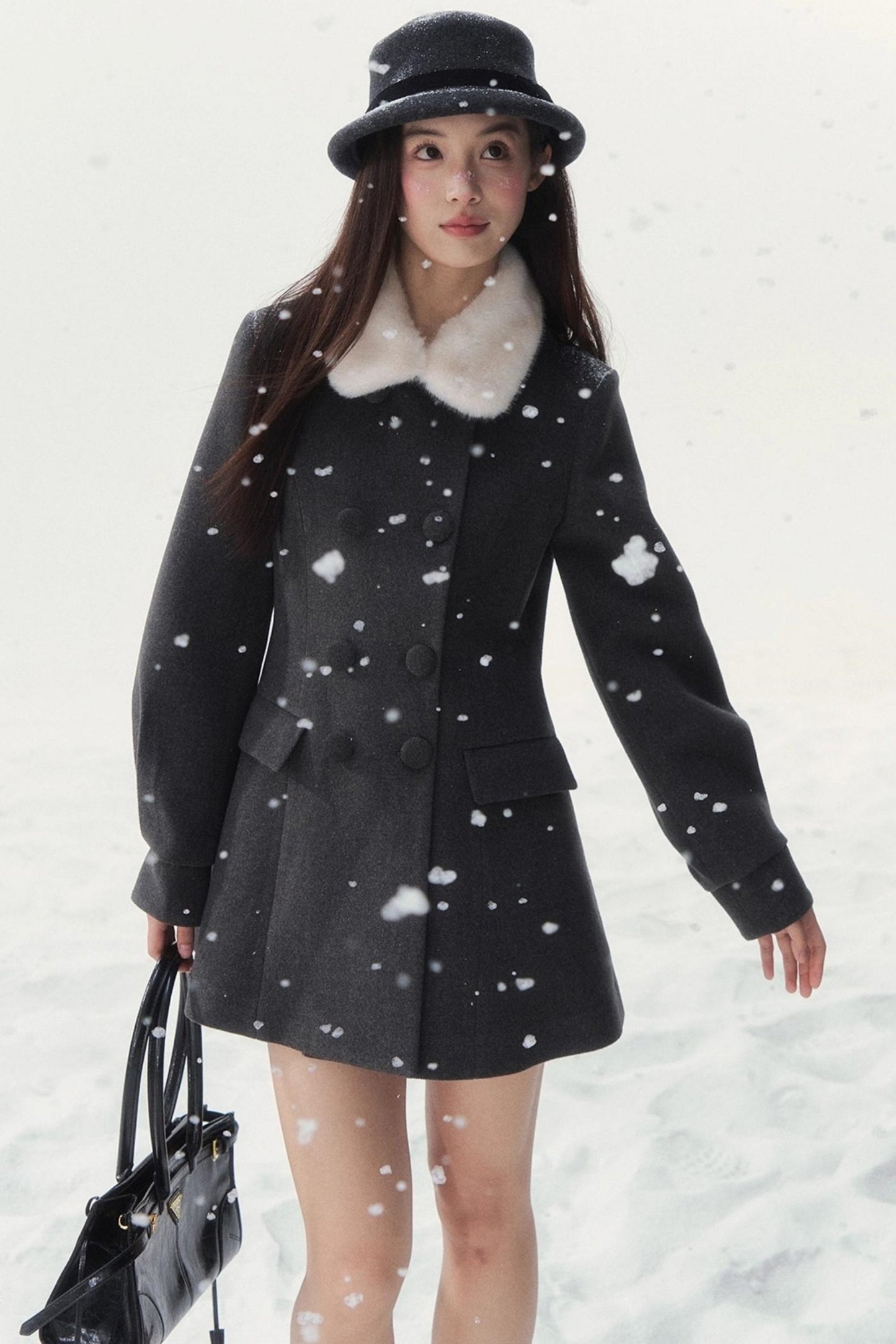 Double-Breasted Fur Collar Coat Set-Up