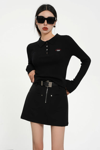 Black Front Zipper A-Line Mini Skirt