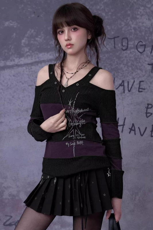 Black and Purple Off-Shoulder Knit Top