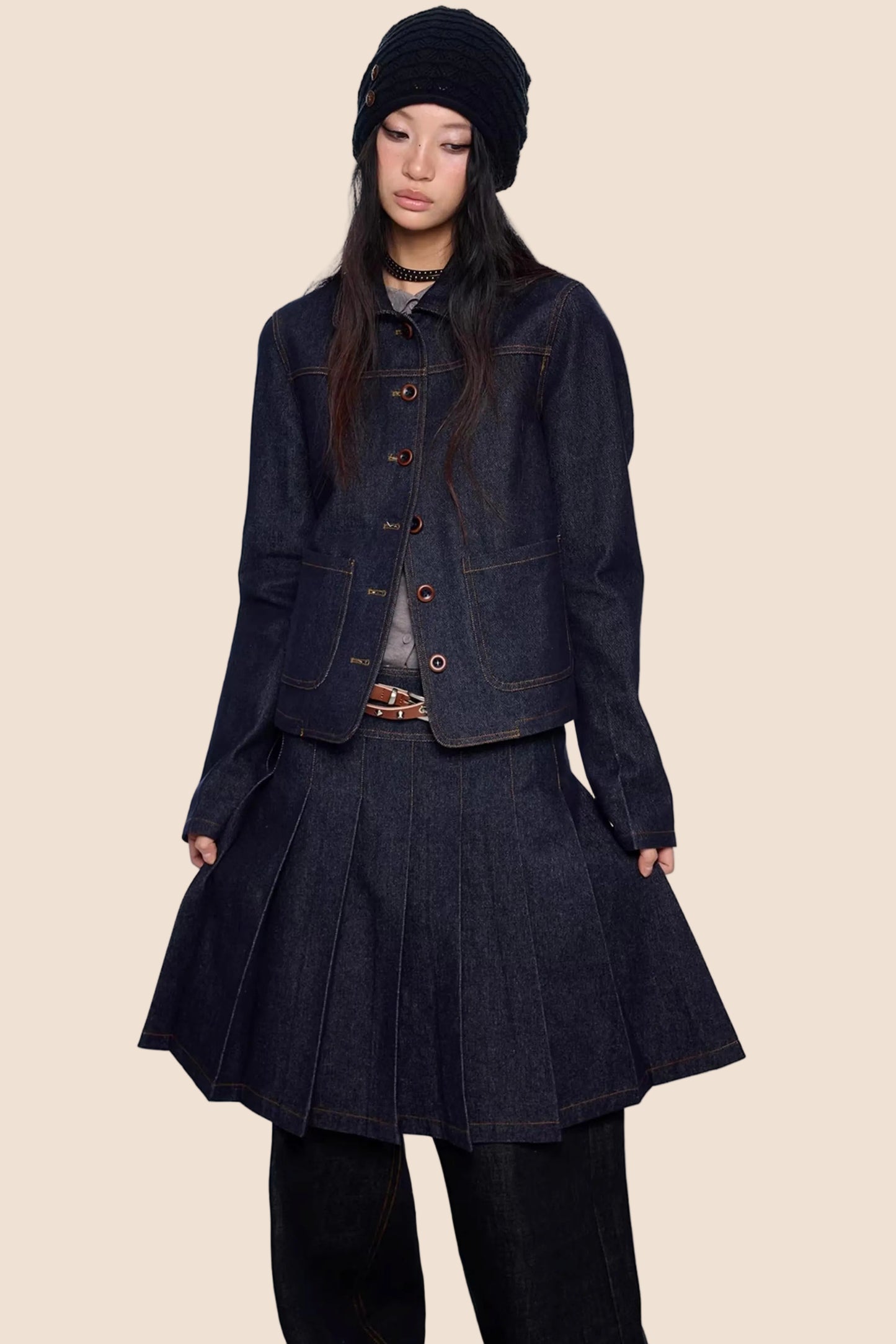 Retro Denim Faltenrock Anzug Set