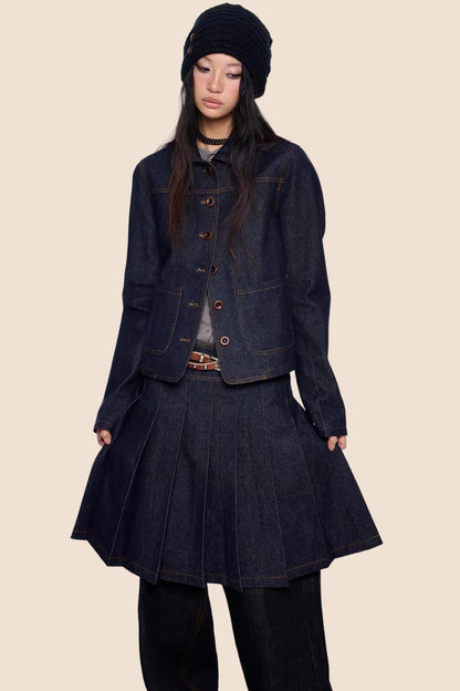 Retro Denim Faltenrock Anzug Set