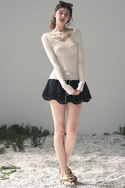 Lace-Trimmed Knitted Top