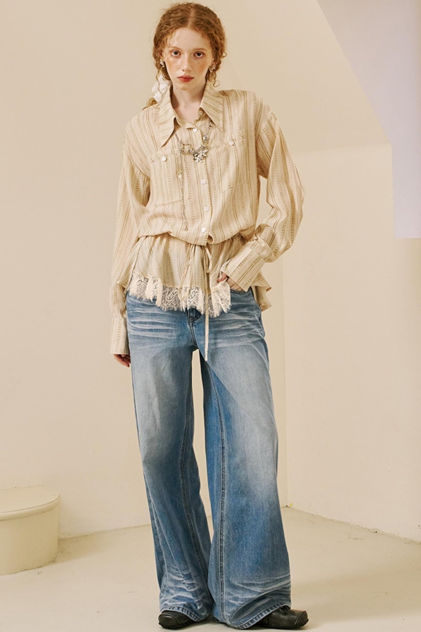 Vintage Lace-Trimmed Drawstring Shirt