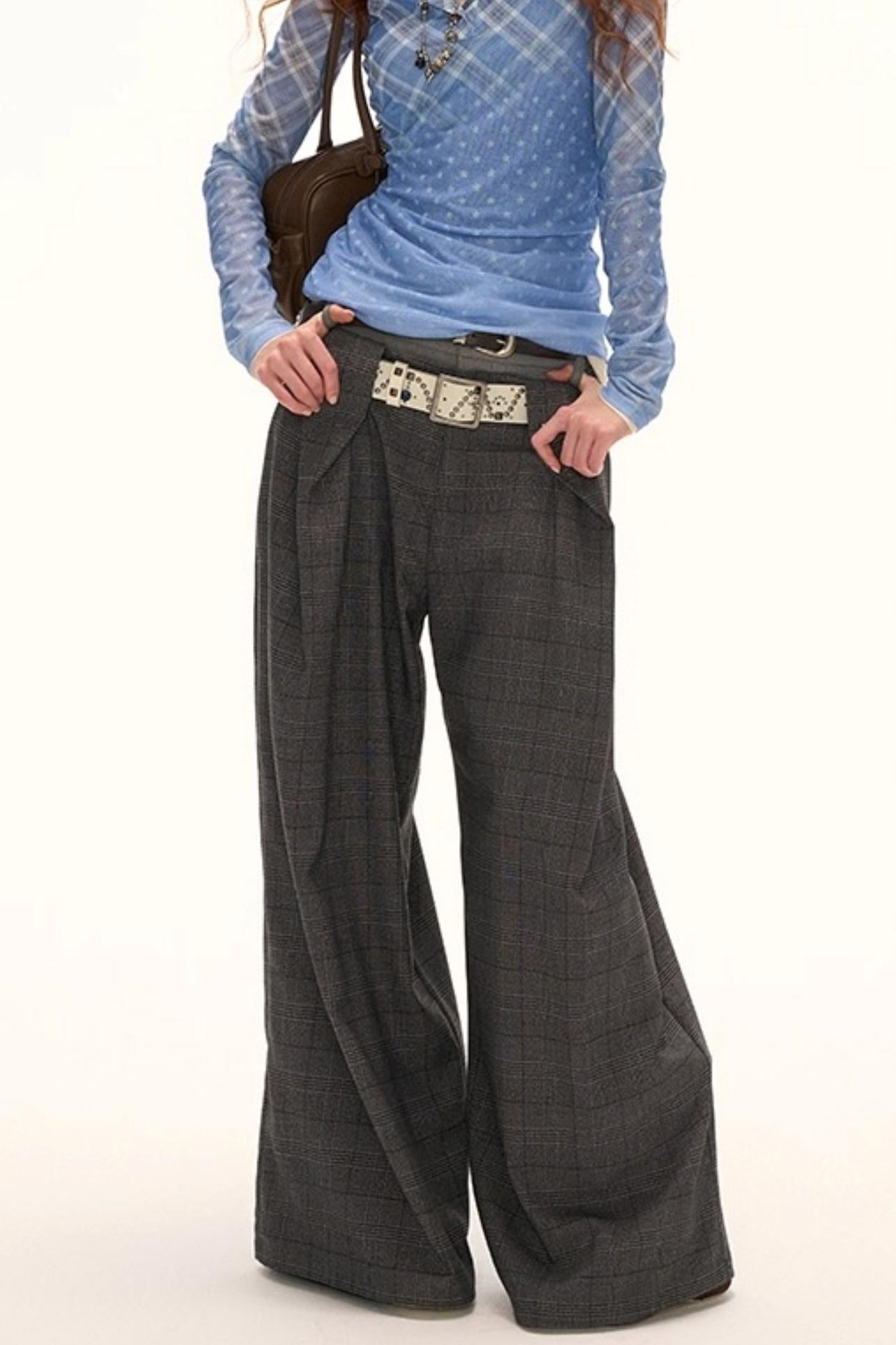 Double Waisted Plaid Straight Pants