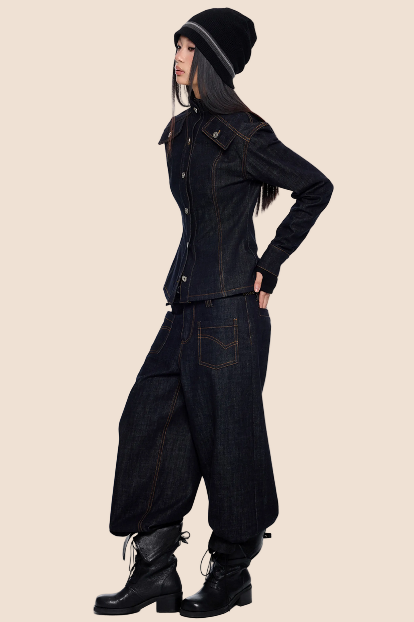 Wide-Shoulder Denim Jacket Set-Up