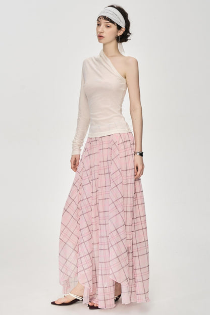 Irregular Pink Plaid Skirt