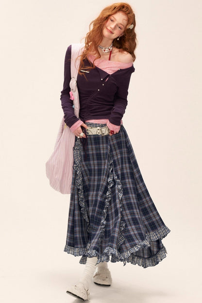 Spliced Plaid Long Skirt