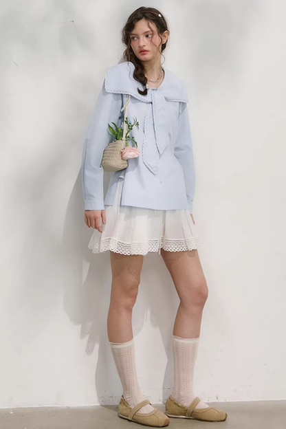 네이비 웨이브 레이스 블라우스