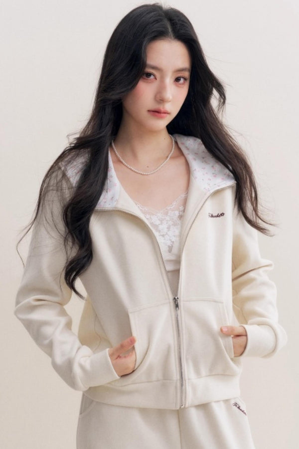 Rose Print Patchwork Hooded Jacket Set-Up