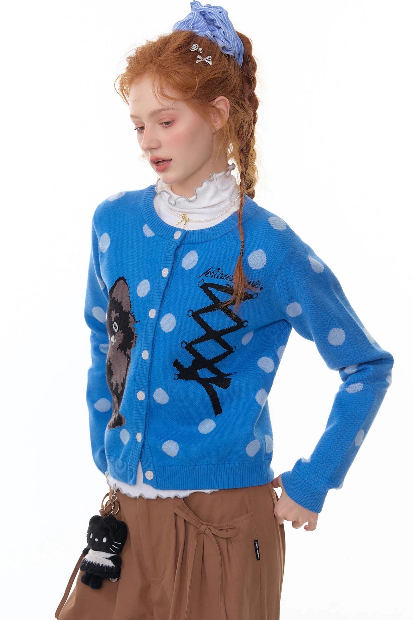 Blue Cat Polka Dot Knitted Cardigan