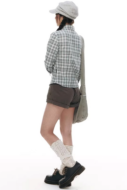 Plaid Cotton Waist-Cinching Blouse