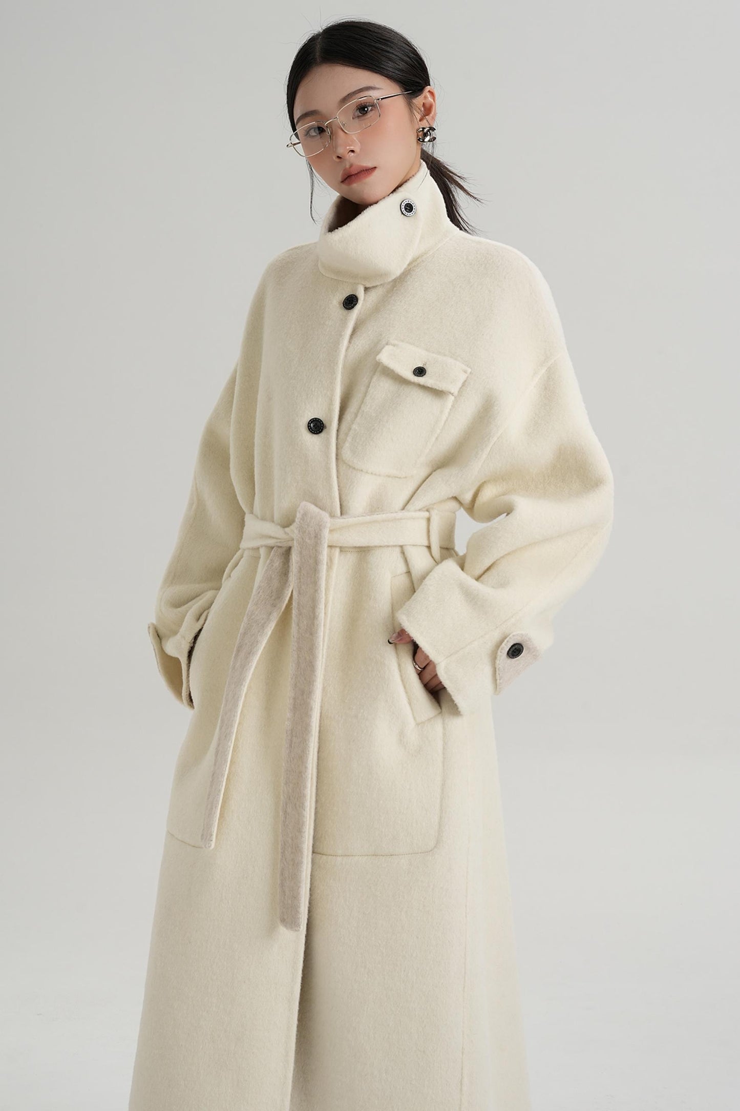 Temperament Design Color-Blocking Woolen Coat