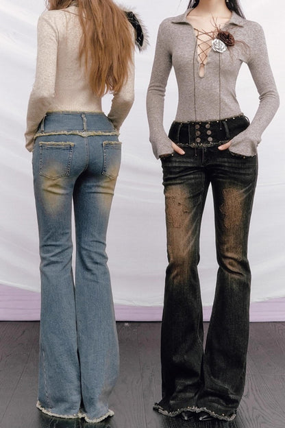 Vintage Distressed Denim Flared Pants