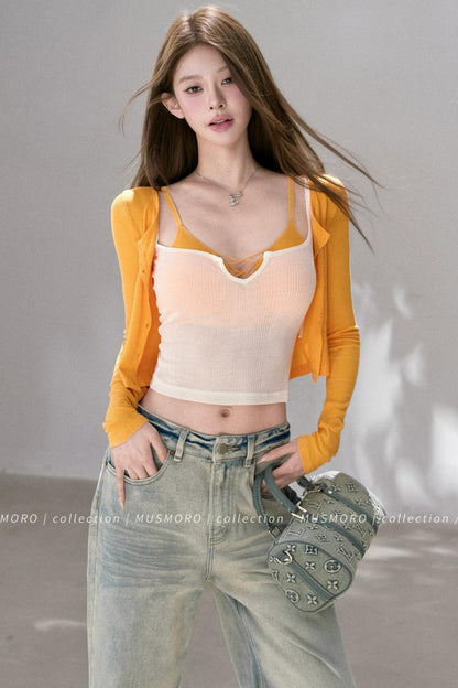 Textured Knit Cardigan Tank Top Three-Piece Set-Up