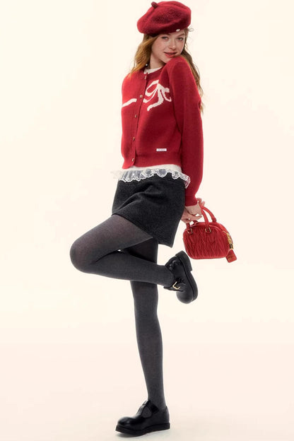 Bow Jacquard Cardigan Sweater