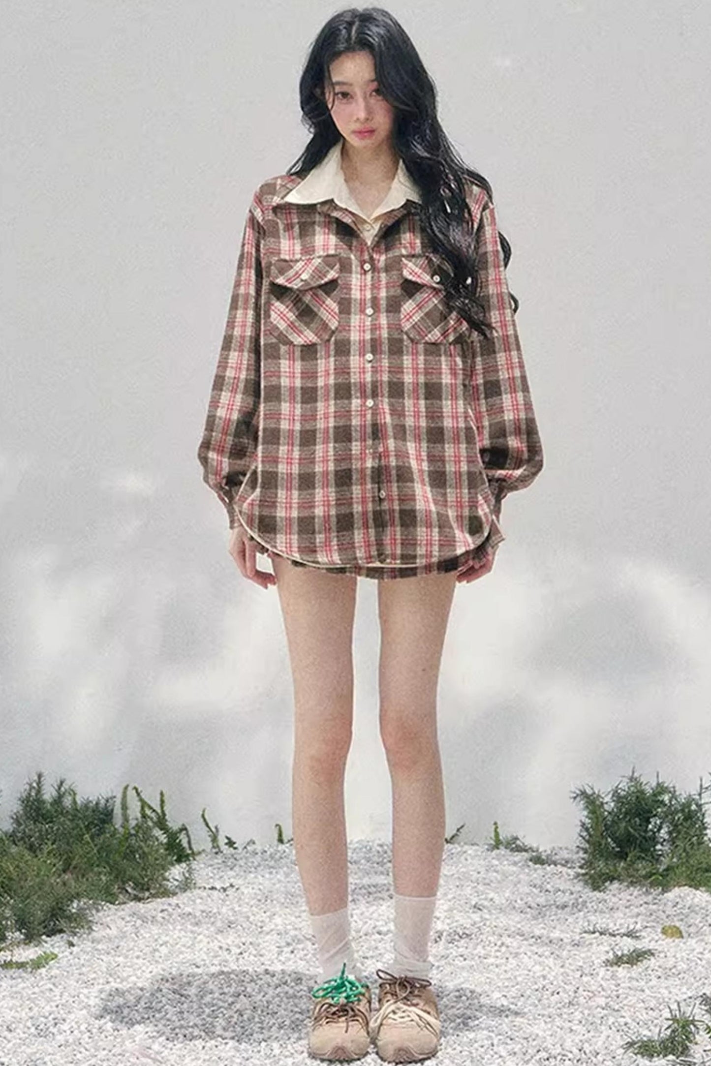 British Cafe Plaid Shirt and Short Skirt Set-Up