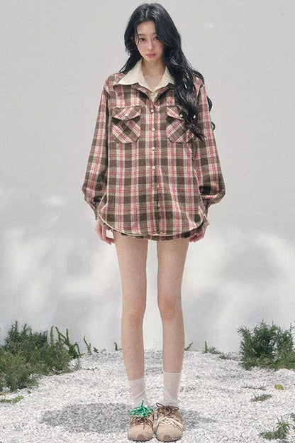 British Cafe Plaid Shirt and Short Skirt Set-Up